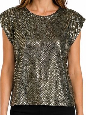 Vintage 1980s Joanna Metallic Foil Dot Disco Top Gold Size Large